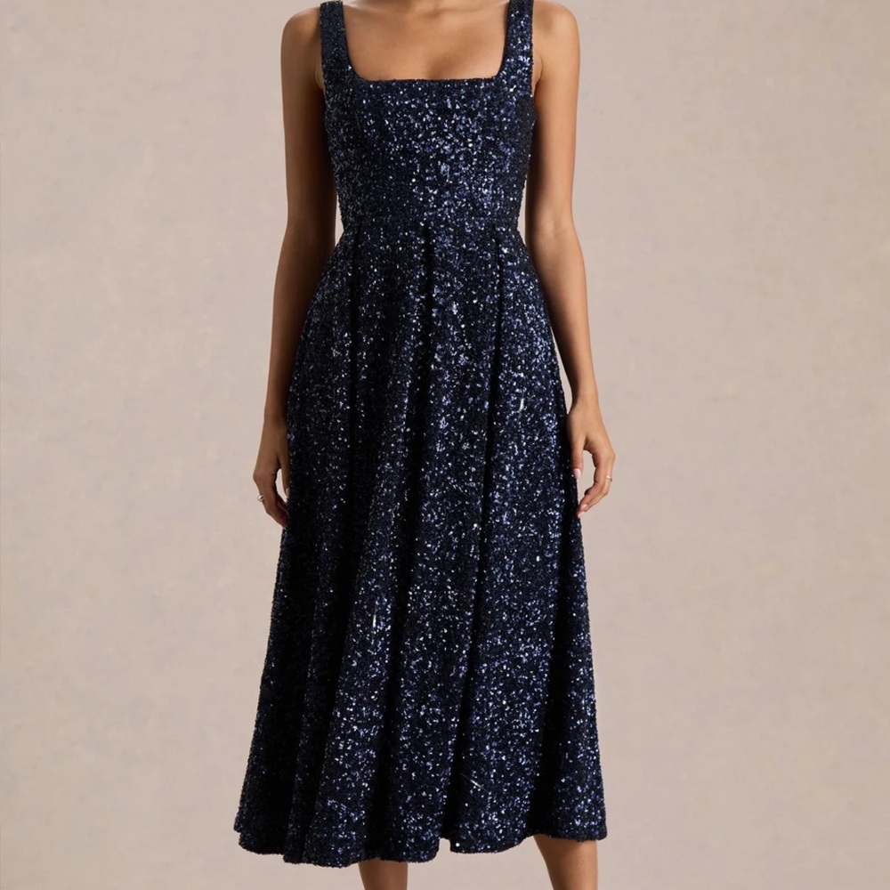Club L London Navy Sequin Square-Neck A-Line Midi Dress